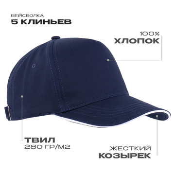 Бейсболка с кантом STAN 5 клиньев хлопок 280, 14, Тёмно-синий, (46) (56-58)