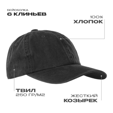 Бейсболка винтажная STAN 6 клиньев хлопок 250, 22, Чёрный, (20) (56-58)