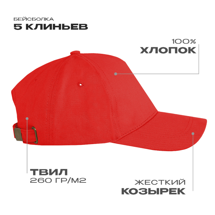 Бейсболка STAN 5 клиньев хлопок 260, 12, Красный, (14) (56-58/ONE SIZE)