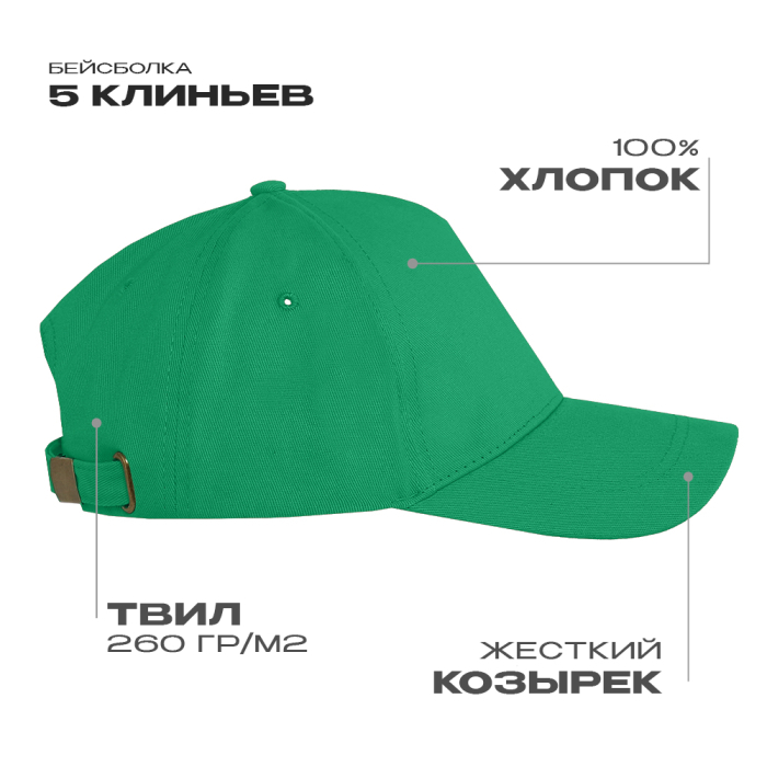 Бейсболка STAN 5 клиньев хлопок 260, 12, Зелёный, (30) (56-58/ONE SIZE)