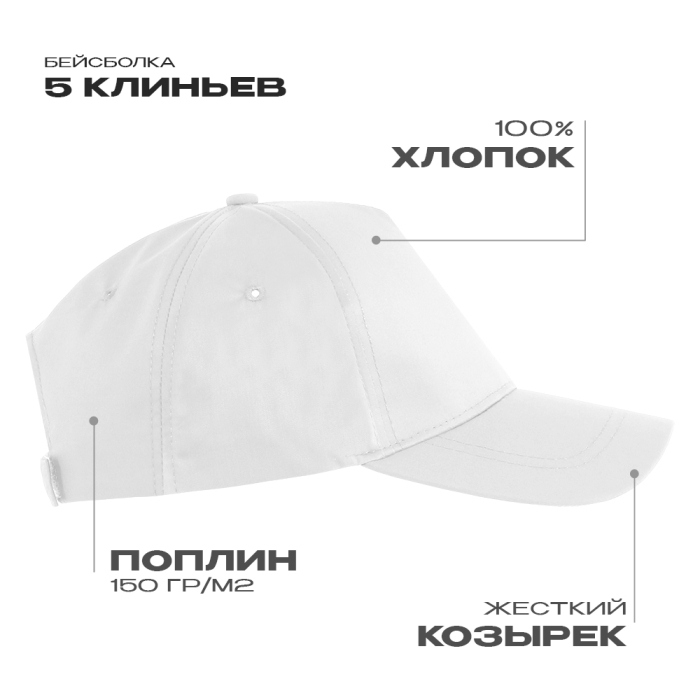 Бейсболка STAN 5 клиньев хлопок, 150, 13, Белый, (10/1) (56-58/ONE SIZE)