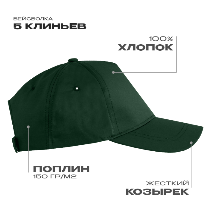 Бейсболка STAN 5 клиньев хлопок, 150, 13, Тёмно-зелёный, (130) (56-58/ONE SIZE)