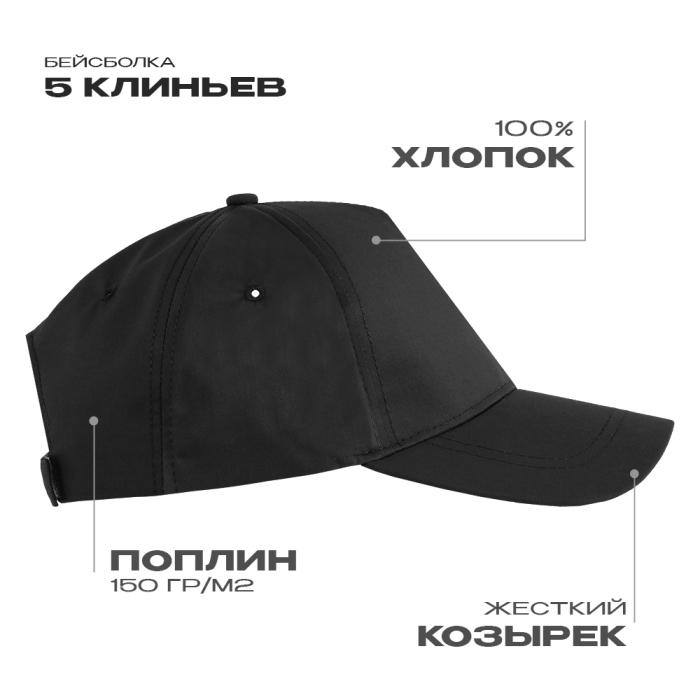 Бейсболка STAN 5 клиньев хлопок, 150, 13, Чёрный, (20) (56-58/ONE SIZE)