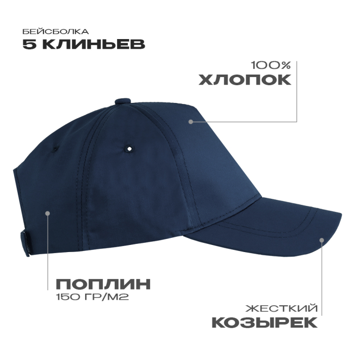 Бейсболка STAN 5 клиньев хлопок, 150, 13, Тёмно-синий, (46) (56-58/ONE SIZE)