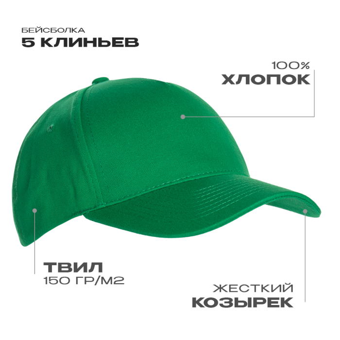 Бейсболка STAN 5 клиньев хлопок 150, 10L, Зелёный, (30) (56-58/ONE SIZE)