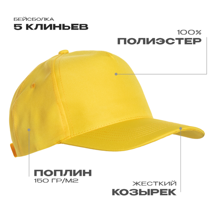Бейсболка STAN 5 клиньев полиэстер 150, 10P, Жёлтый, (12/1) (56-58/ONE SIZE)
