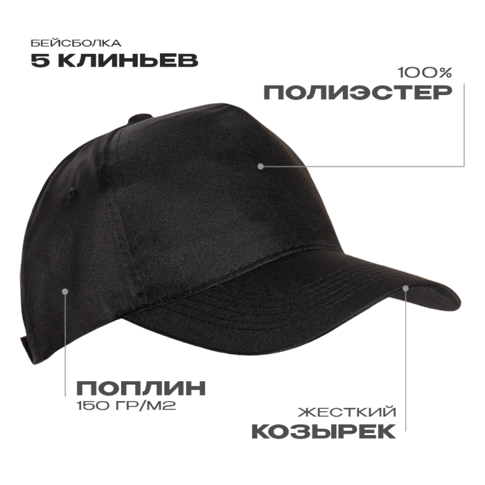 Бейсболка STAN 5 клиньев полиэстер 150, 10P, Чёрный, (20) (56-58/ONE SIZE)