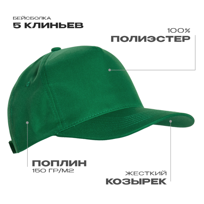 Бейсболка STAN 5 клиньев полиэстер 150, 10P, Зелёный, (30) (56-58/ONE SIZE)
