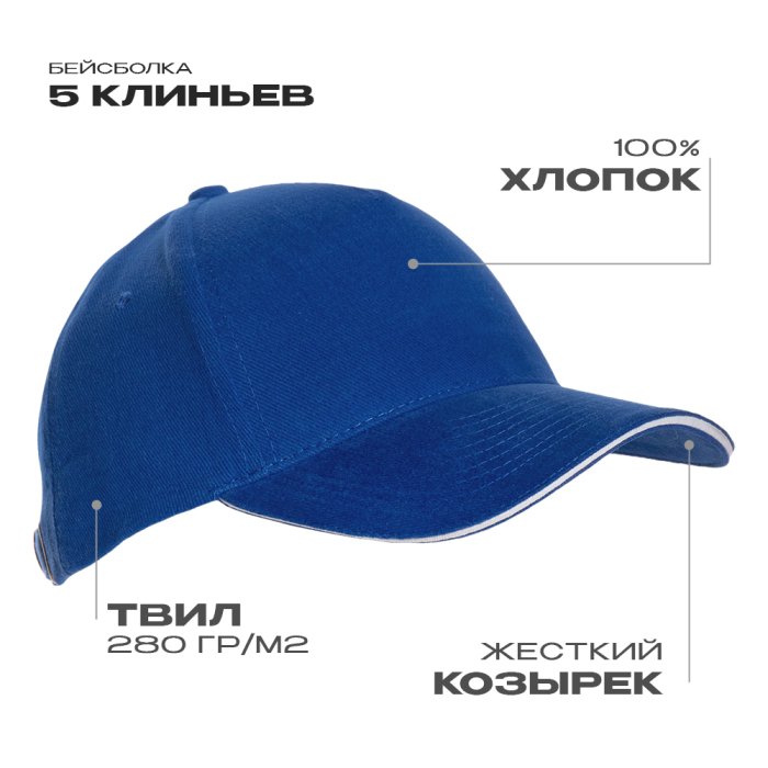 Бейсболка с кантом STAN 5 клиньев хлопок 280, 11K, Синий, (16/1) (56-58/ONE SIZE)