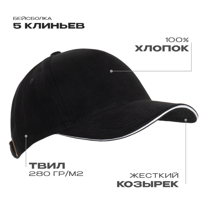 Бейсболка с кантом STAN 5 клиньев хлопок 280, 11K, Чёрный, (20) (56-58/ONE SIZE)