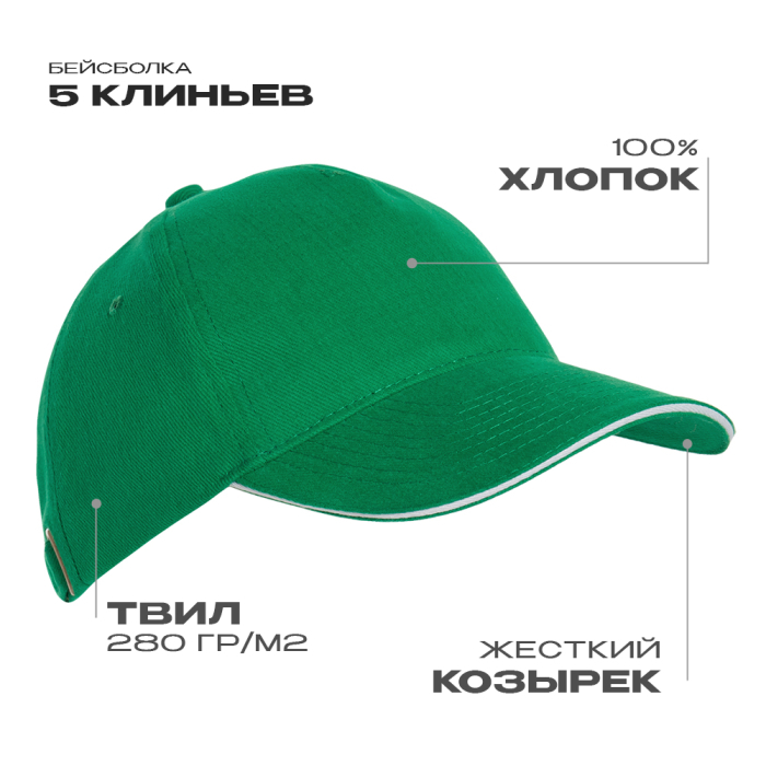 Бейсболка с кантом STAN 5 клиньев хлопок 280, 11K, Зелёный, (30) (56-58/ONE SIZE)