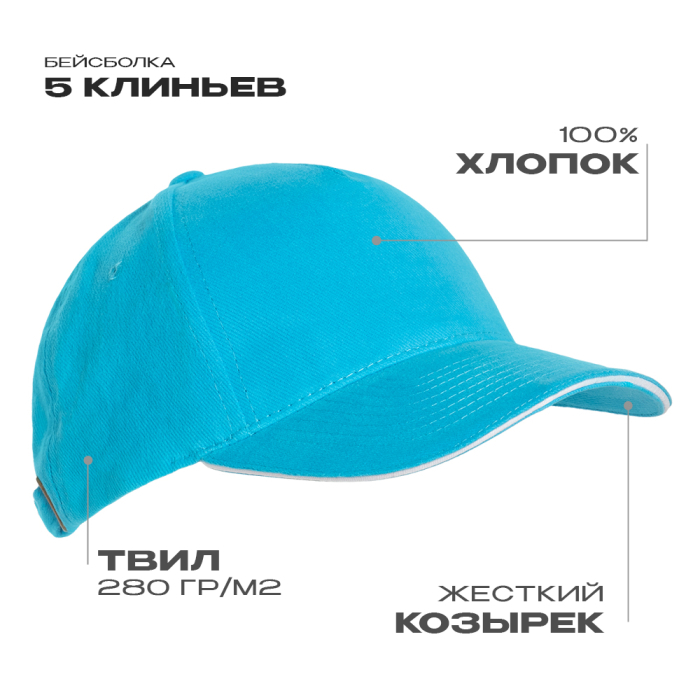 Бейсболка с кантом STAN 5 клиньев хлопок 280, 11K, Бирюзовый, (32) (56-58/ONE SIZE)